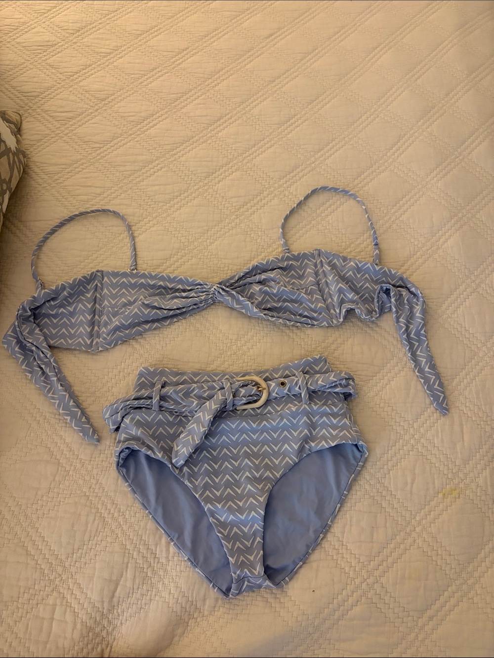 Light Blue Chevron High-Waist Bikini Set with Belt